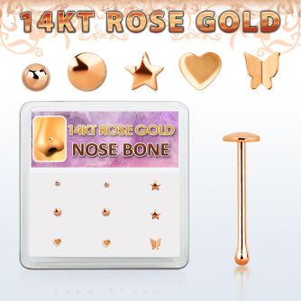 drnb20 caja display 9 piercing nariz hueso oro rosa 14 kts 0 6mm formas bola estrella redonda corazon mariposa distribuidor mayorista