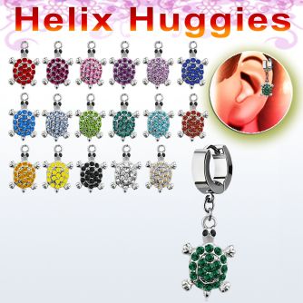 ehh574 pendiente huggie helix acero inoxidable tortuga caparazon cristal ojos cristal negros se vende por pieza mayorista