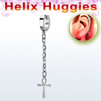 ehhl769 pendiente huggie helix acero inoxidable colgante cruz ankh larga plata & se vende por unidad al por mayor