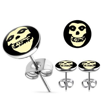 er195 pair of stainless steel ear studs w white skull logo