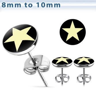 er198 pair of stainless steel ear studs w white star on black
