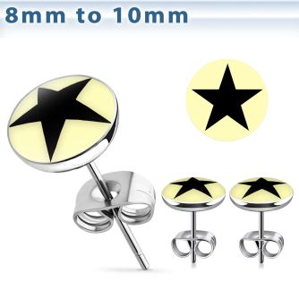er199 pair of steel ear studs with black star on white logo
