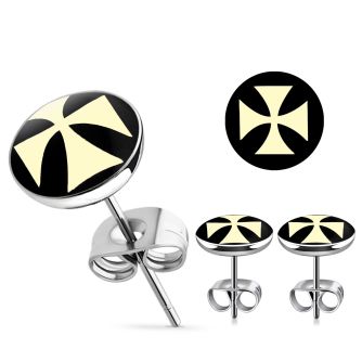 er202 par piercings oreja acero inoxidable logo cruz hierro blanca fondo negro 10mm al por mayor