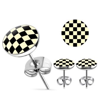 er205 par piercings oreja acero inoxidable logo cuadros negros blancos 10mm al por mayor