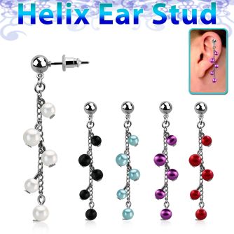 erbd10 316l steel helix ear stud ball with multi pearl chain