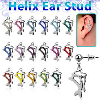 erbd13 316l steel helix ear ball stud w dangling twin dolphin
