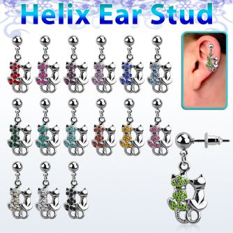 erbd1 316l steel helix ear stud ball w dangling crystal cat