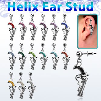 erbd358 316l steel helix ear stud ball with crystal pistol