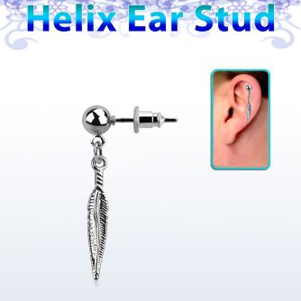erbd583 316l steel helix ear ball stud w dangling feather