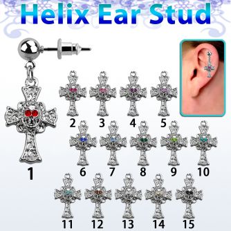 erbd694 piercing oreja helix acero quirurgico bola cruz calavera ojos cristal vendido por pieza al por mayor