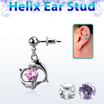 erbz15 316l steel helix ear ball stud w dolphin around a cz