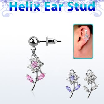 erbz178 316l steel helix ear ball stud w dangling cz flower