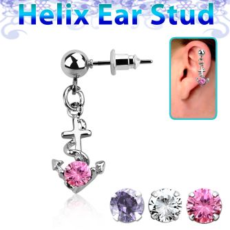 erbz371 316l steel helix ear stud ball with anchor w rope cz