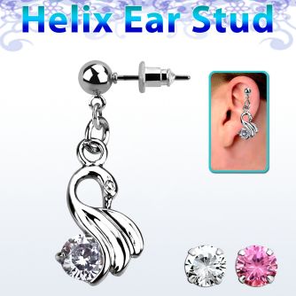 erbz375 316l steel helix ear stud ball with dangling swan w cz