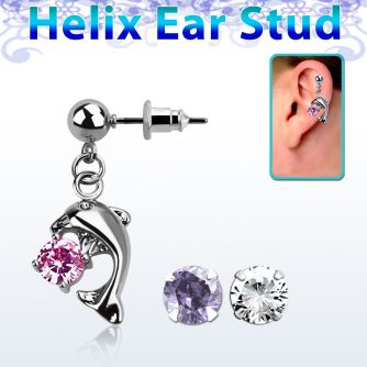 erbz7 316l steel helix ear stud ball w dangling dolphin w cz