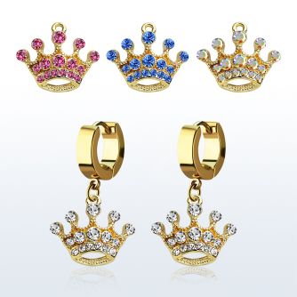 erg703 pendiente huggie oreja acero inoxidable pvd dorado colgante corona cristal mayorista