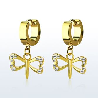 erg761 par pendientes huggie oreja acero inoxidable chapado pvd dorado pequeno colgante cristal libelula colgante laton chapado oro