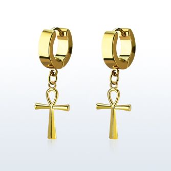 erg769 par pendientes huggie oreja acero inoxidable chapado pvd dorado colgante cruz ankh el colgante está hecho latón chapado oro al por mayor