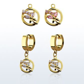 ergz520 pendiente huggie oreja acero inoxidable pvd dorado colgante circular mariposa cristal venta