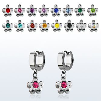 erh399 steel huggies earrings w dangling flower w a big crystal