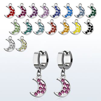 erh401 steel huggies earrings w dangling moon w crystals