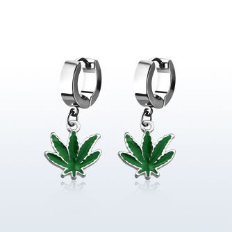 erh432 par pendientes huggie oreja acero inoxidable brillo espejo colgante hoja marihuana pintada verde distribuidor