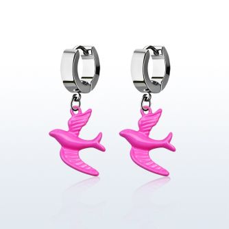 erh454 par pendientes huggie oreja acero inoxidable brillo espejo colgante pajaro color rosa distribuidor