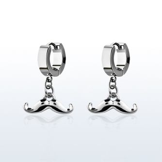 erh517 steel huggies earrings w dangling up turned mustache