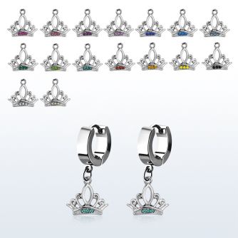 erh649 steel huggies earrings w dangling crystal studded crown