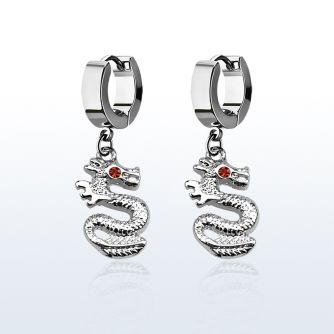 erh721 steel huggies earrings w dangling dragon w crystal eye