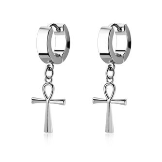 erh769 par pendientes huggie oreja acero inoxidable brillo espejo colgante cruz ankh plata venta por mayor