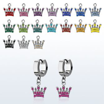 erhcr4 steel huggies earrings w dangling crystal studded crown