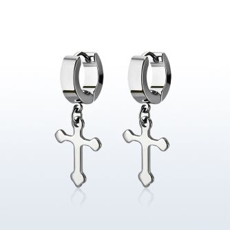 erhcros steel huggies earrings w dangling small cross