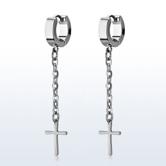 erhlcrs par pendientes huggie oreja acero inoxidable acabado brillo espejo cruz lisa colgando una cadena larga