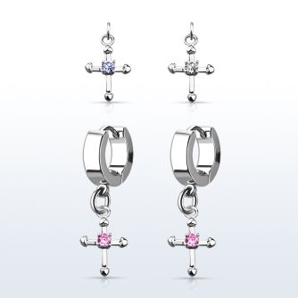 erhz14s par pendientes huggie oreja acero inoxidable brillo espejo colgante cruz zirconia centro distribuidor