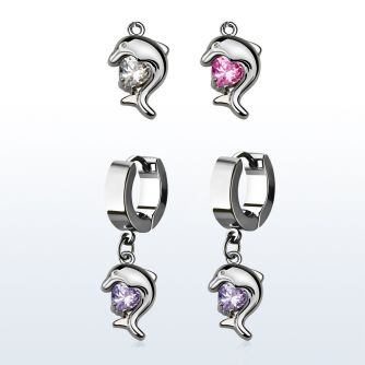 erhz300 par pendientes huggie oreja acero inoxidable brillo espejo colgante delfin zirconita redonda distribuidor mayorista