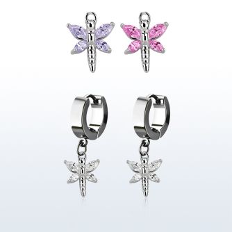 erhz349 steel huggies earrings w dangling dragonfly w cz wings
