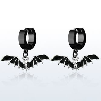 erk569 black steel huggies earrings w dangling black bat