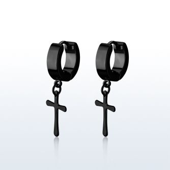 erkcrs black steel huggies earrings w dangling plain cross
