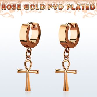 err769 pendiente huggie oreja acero inoxidable pvd oro rosa colgante cruz ankh oro rosa distribuidor mayorista