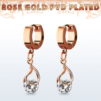 errz416 pendiente huggie oreja acero inoxidable pvd oro rosa colgante zirconia redonda ajustada presion oro rosa mayorista