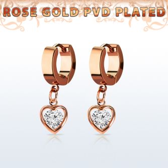 errz419 pendiente huggie oreja acero inoxidable pvd oro rosa colgante corazon zirconia redonda medio oro rosa distribuidor mayorista