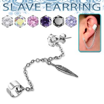 erzdld12 steel slave ear stud w prong cz w dangling feather