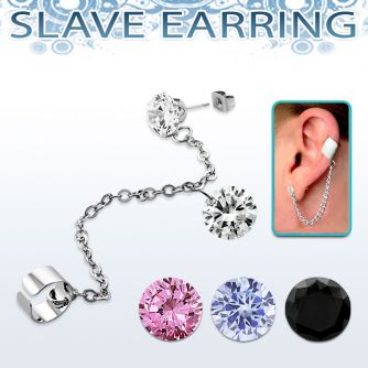 erzdld13 steel slave ear stud w prong cz w dangling round cz