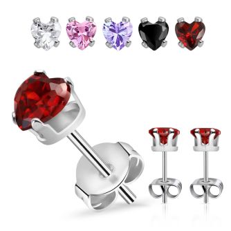 erzhtm steel ear studs prong set heart color cz one pair
