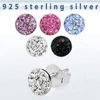 esfd12m par piercing oreja plata esterlina 925 media bola 6mm cristal ferido al por mayor