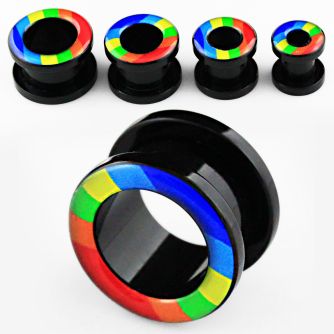 ftab black acrylic screw fit flesh tunnel with rainbow color