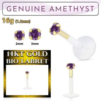 gbige1 bioflex labret with push in 14kt gold w prong amethyst