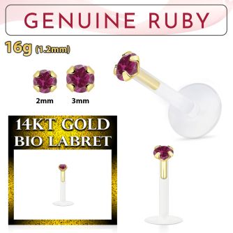 gbige5 bioflex labret with push in 14kt gold w prong set ruby