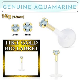 gbige8 bioflex labret w push in 14kt gold w prong aquamarine